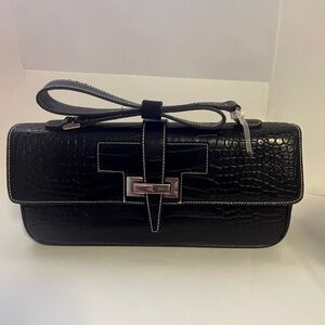 Black Croc Embossed Shoulder Clutch Bag